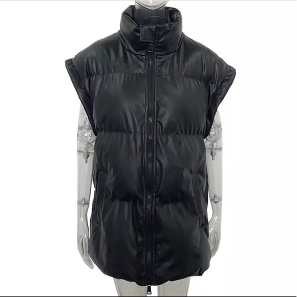 Kimberly Puffer Vest Quilted Cap Sleeve Collar Faux Leather Long Vest Restocking - Picture 3 of 11